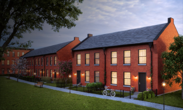 Brick townhouses facing onto park